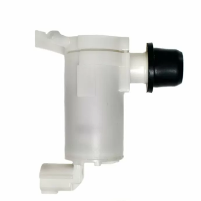 White plastic valve-like component with a black rubber nozzle and two connector ports on a white background