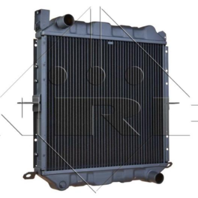 Front view of a car radiator with black cooling fins and blue plastic end tanks, showing inlet/outlet ports at top and bottom.