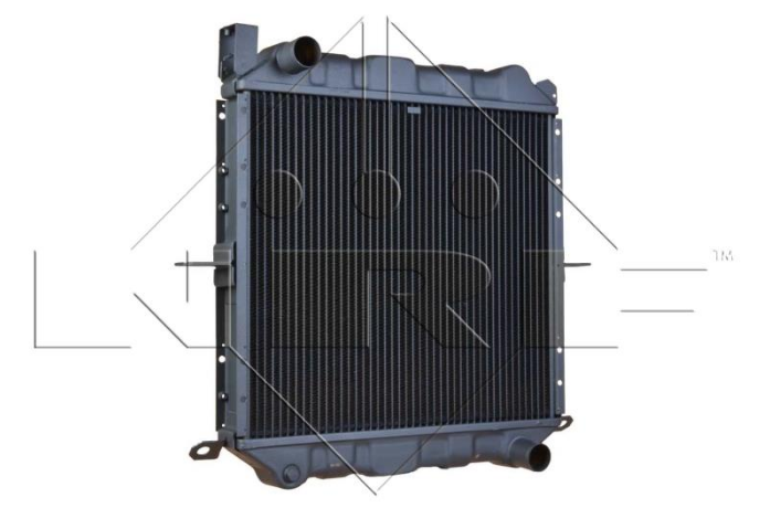 Front view of a car radiator with black cooling fins and blue plastic end tanks, showing inlet/outlet ports at top and bottom.