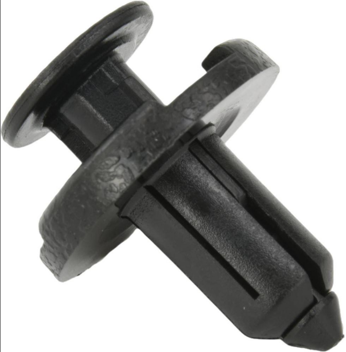 Black plastic push-pin rivet fastener for automotive panels (close-up).