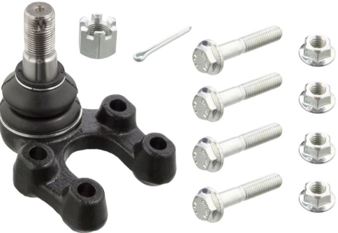 Automotive ball joint mounting kit with a steering knuckle and multiple bolts and nuts laid out