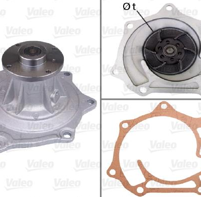 Three-piece collage showing an automotive water pump: front housing with mounting flanges, rear impeller view, and a brown gasket with bolt holes.