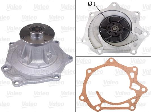 Three-piece collage showing an automotive water pump: front housing with mounting flanges, rear impeller view, and a brown gasket with bolt holes.