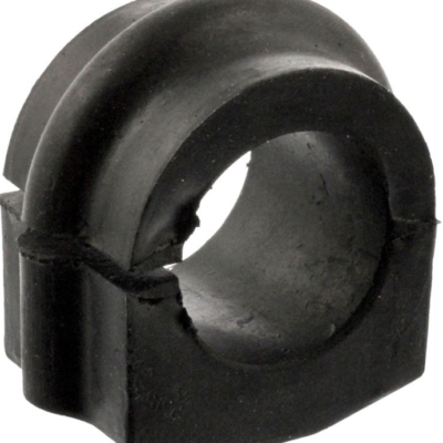 Damaged rubber bushing with a central circular hole and split seam, viewed from the side.