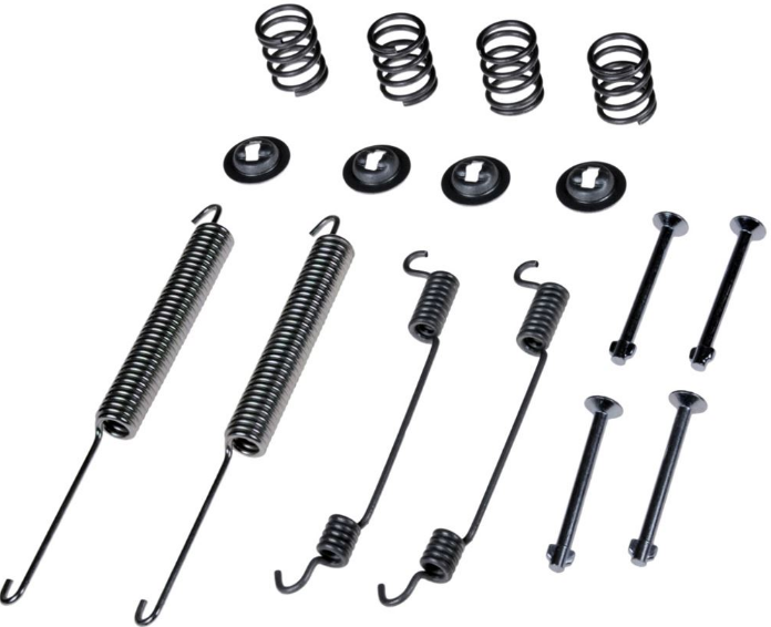 Assorted metal springs, hooks, and pins on a white background for hardware assemblies.
