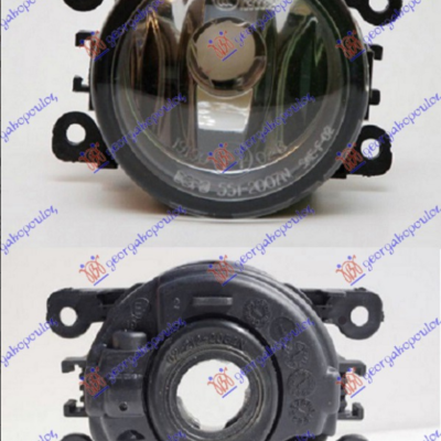 Front and back views of a round automotive fog light with a clear lens, black housing, and side mounting brackets.