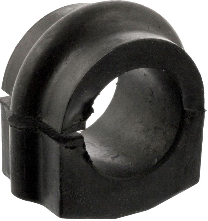 Damaged rubber bushing with a central circular hole and split seam, viewed from the side.