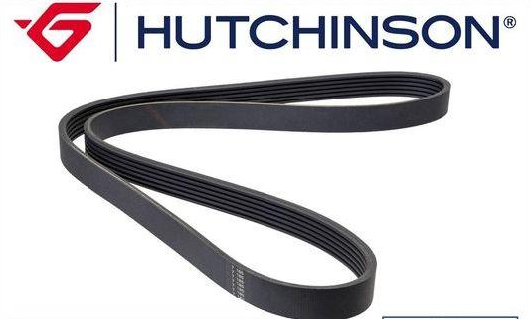Hutchinson logo with a black multi-ribbed drive belt laid out in a loop.