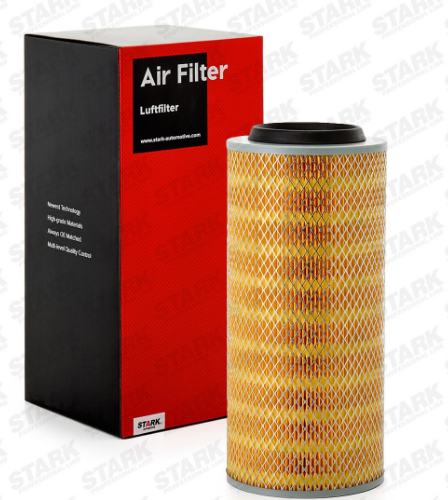 Vehicle air filter cartridge beside a red and black box labeled 'Air Filter'; yellow pleated element visible.
