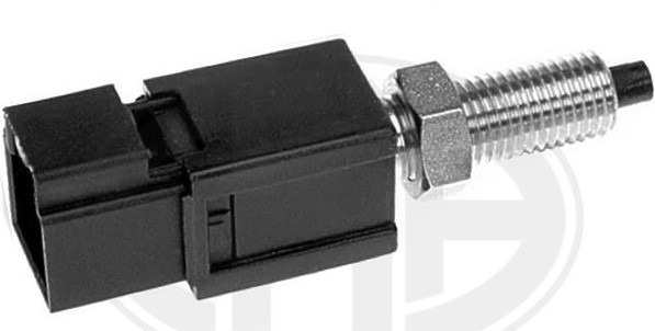 Proximity sensor with black rectangular housing, threaded metal mounting shaft, and mounting nut on the side.