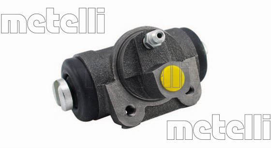 Car brake master cylinder with mounting tabs and hydraulic ports, viewed from the side