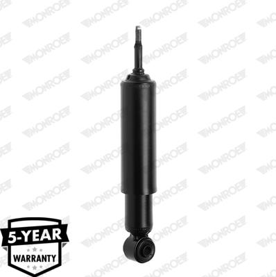 Black car shock absorber with rod at top and eyelet mount at bottom; Monroe watermark and 5-year warranty badge visible.