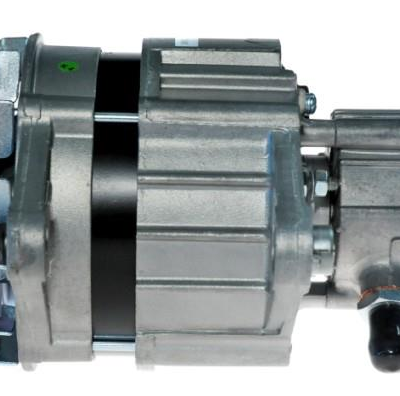 Automotive alternator with pulley, viewed from the side, showing its silver metal housing and mounting area. Which powers a vehicle's electrical system.