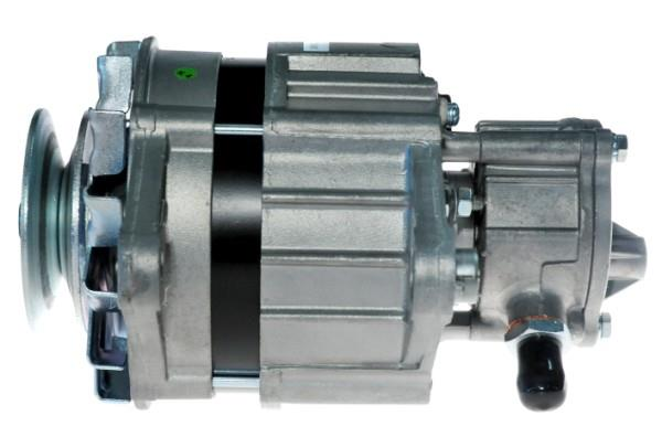 Automotive alternator with pulley, viewed from the side, showing its silver metal housing and mounting area. Which powers a vehicle's electrical system.