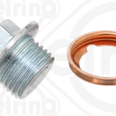 Metal threaded drain plug beside a copper sealing washer.