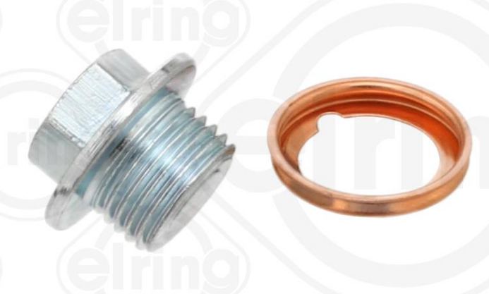 Metal threaded drain plug beside a copper sealing washer.