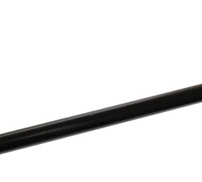 Black metal sway bar end link with threaded studs and red bushings, shown with two nuts on a white background; a car suspension component connecting the sway bar to the suspension.