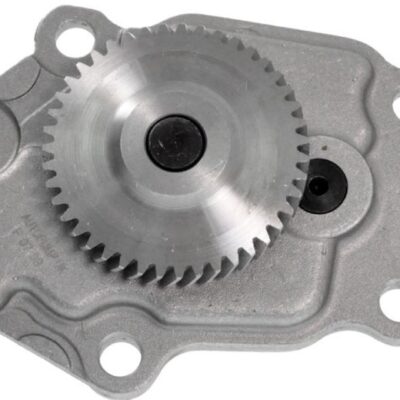 Close‑up of a metal gear mounted on a gray housing with four bolt holes, likely a gear pump component.
