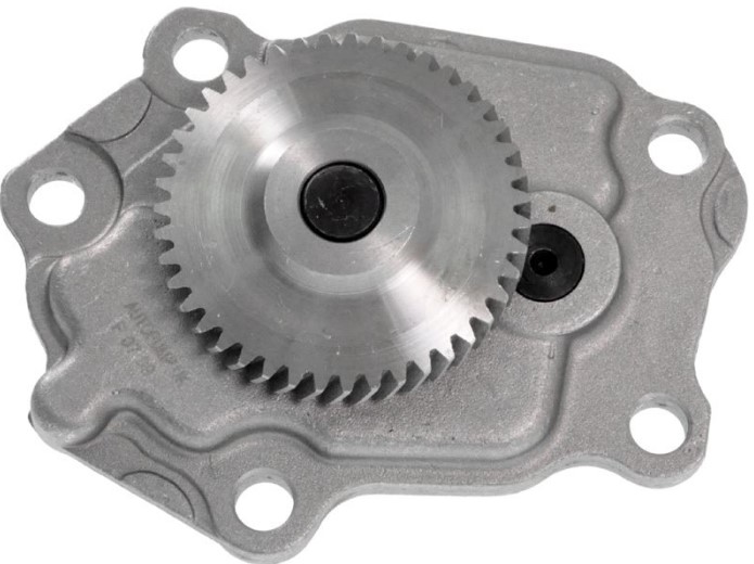 Close‑up of a metal gear mounted on a gray housing with four bolt holes, likely a gear pump component.