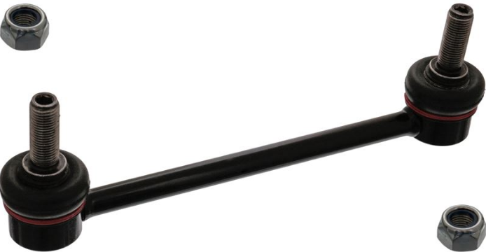 Black metal sway bar end link with threaded studs and red bushings, shown with two nuts on a white background; a car suspension component connecting the sway bar to the suspension.