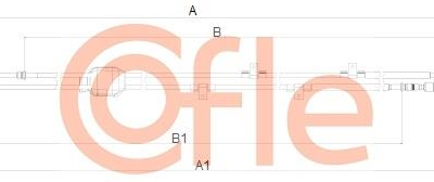 Dimensioned schematic of a long cable assembly with end fittings and labeled measurements A, B, B1, A1
