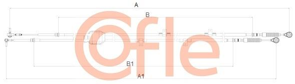 Dimensioned schematic of a long cable assembly with end fittings and labeled measurements A, B, B1, A1