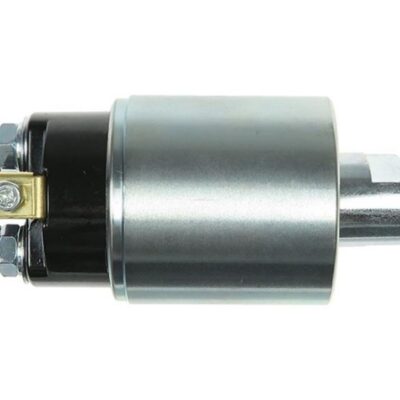 Solenoid with copper terminals and mounting strap on left, cylindrical metal body, drive shaft on right (automotive starter component)