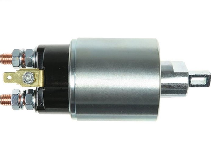 Solenoid with copper terminals and mounting strap on left, cylindrical metal body, drive shaft on right (automotive starter component)