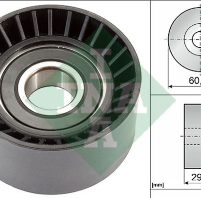 Automotive belt idler pulley with bearing, shown beside engineering drawings indicating a 60 mm diameter and 29 mm width.