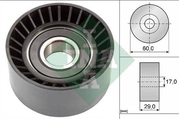 Automotive belt idler pulley with bearing, shown beside engineering drawings indicating a 60 mm diameter and 29 mm width.