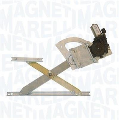 Automotive power window regulator with motor, showing scissor-style linkage and guide tracks.