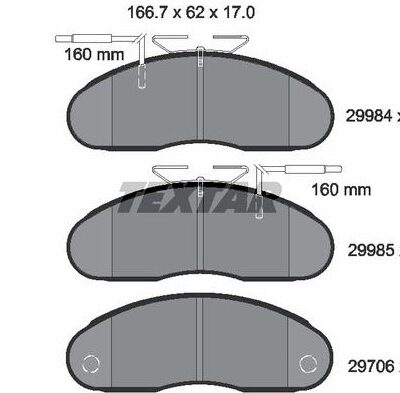 Illustration of brake pad shapes with dimensions: overall 166.7 × 62 × 17.0 mm. Top pad is part 29984 (x1) with a 160 mm width; middle pad is part 29985 (x1) with 160 mm width; bottom pad is part 29706 (x2) with two mounting holes.