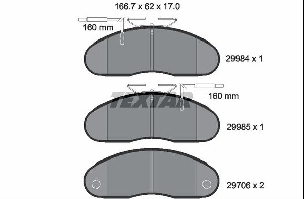 Illustration of brake pad shapes with dimensions: overall 166.7 × 62 × 17.0 mm. Top pad is part 29984 (x1) with a 160 mm width; middle pad is part 29985 (x1) with 160 mm width; bottom pad is part 29706 (x2) with two mounting holes.