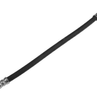 Flexible black hose with metal fittings on both ends, likely a hydraulic or air hose used for connecting equipment.