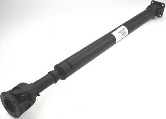 Automotive driveshaft with universal joints at both ends, black metal shaft on white background