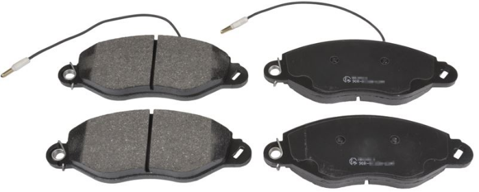 Four disc brake pads with wear-sensor cables for a vehicle (front and rear set).