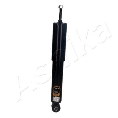 Black hydraulic shock absorber with a small chrome rod extended at the top and a circular mounting eye at the bottom, used in vehicle suspensions