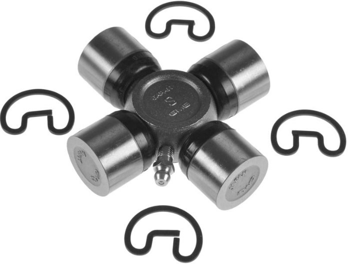 Universal joint (U-joint) with four bearing caps and six C-shaped retention clips around it.