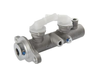 Metal plumbing valve assembly with a flanged end and two white plastic union connections on top.