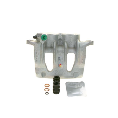 Automotive brake caliper with accompanying repair kit: copper washers, rubber piston seals and boots, and a grease packet.