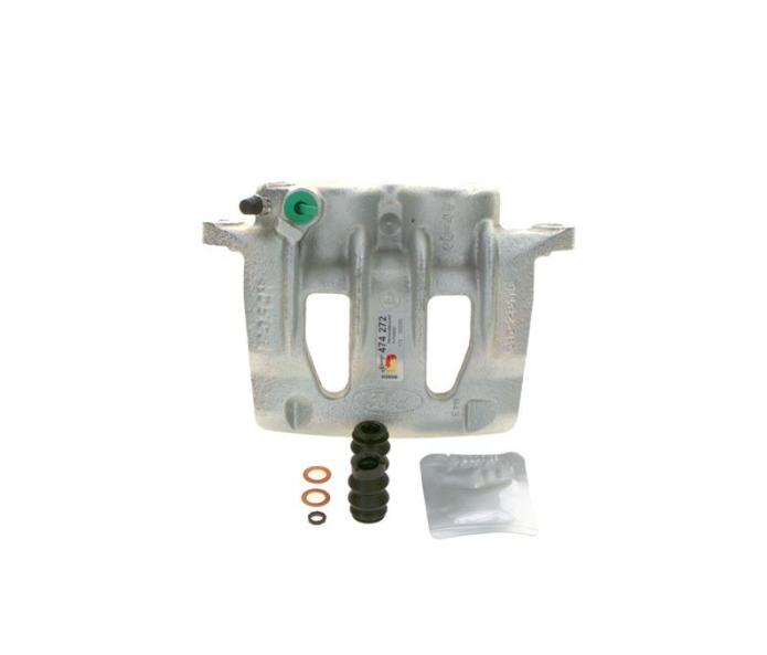 Automotive brake caliper with accompanying repair kit: copper washers, rubber piston seals and boots, and a grease packet.