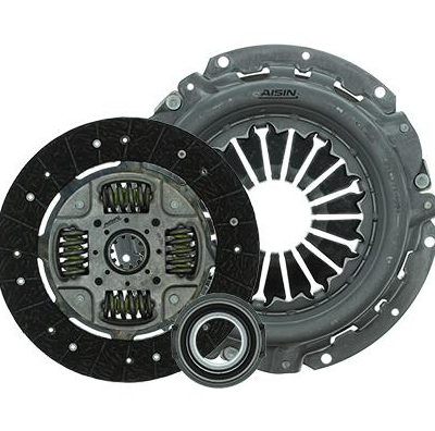 Automotive clutch kit with pressure plate, clutch disc, and release bearing laid out together.