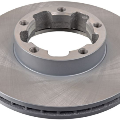Automotive brake rotor: a ventilated metal disc with a central hub and mounting holes for wheel attachment.