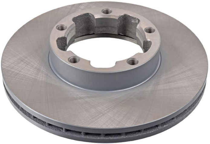 Automotive brake rotor: a ventilated metal disc with a central hub and mounting holes for wheel attachment.