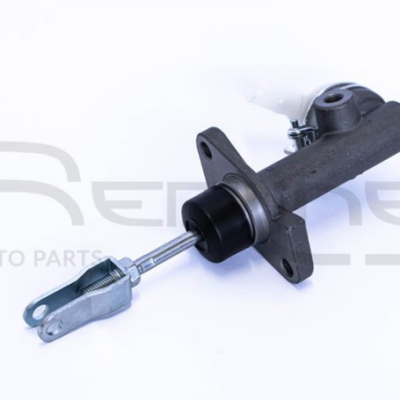 Automotive clutch slave cylinder with mounting flange and push rod with clevis end, isolated on white