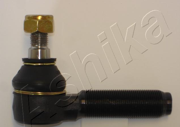 Automotive ball joint with a threaded stud and black rubber boot, shown from the side.