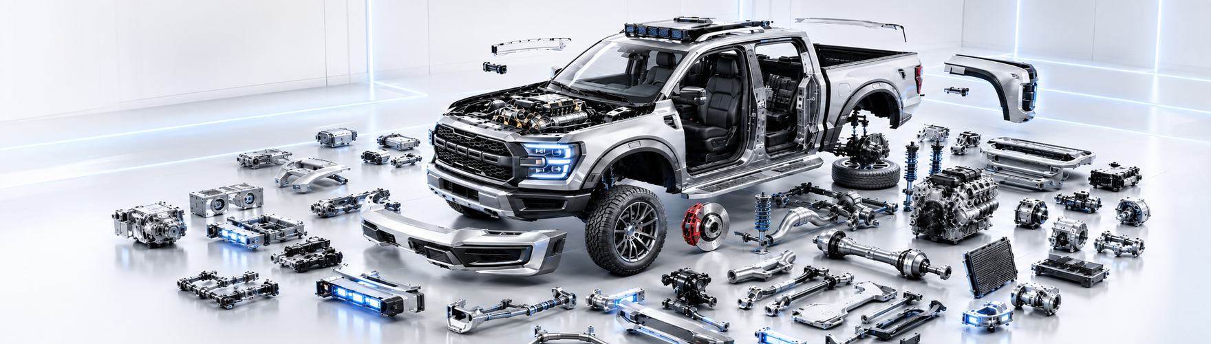 Disassembled modern pickup truck in a bright workshop, with engine, suspension, and panels laid out around the chassis.